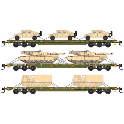 Olive Drab DODX Flat Car 3-pack with Military Vehicles - (with reflectors)