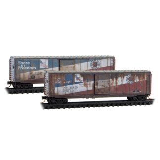50' SINGLE DOOR BOX CAR W/O ROOFWALK BN EX-NP "SHARE IN FREEDOM" WEATHERED 2-PACK #31007, #31128