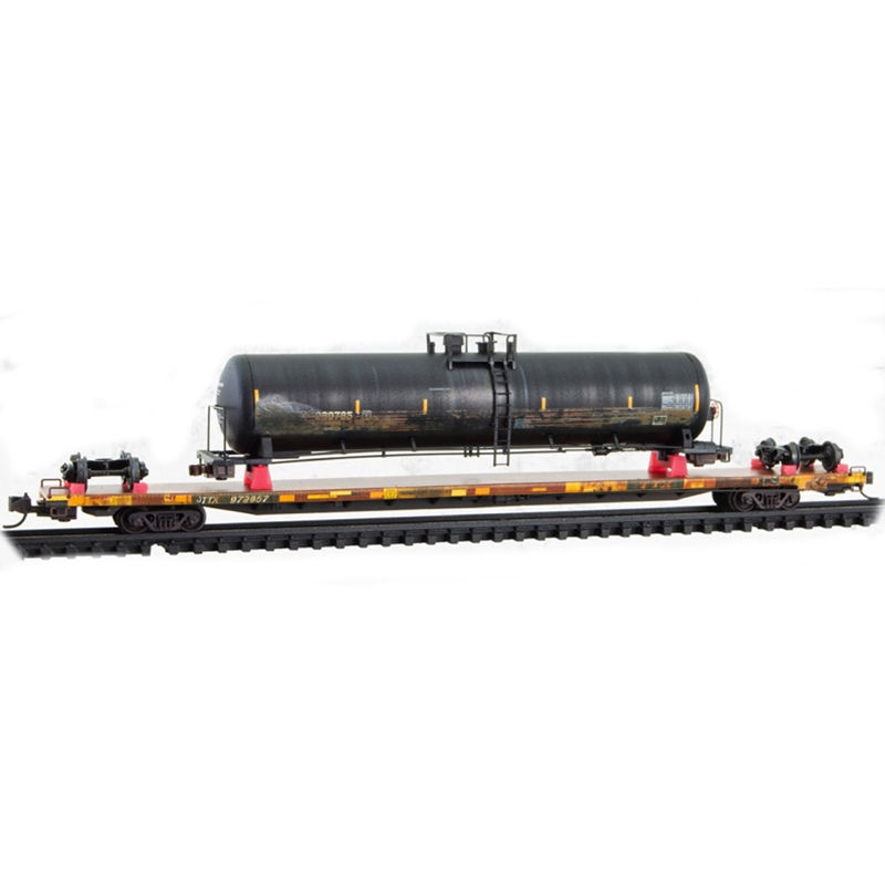 89' TOFC FLAT CAR TTX WEATHERED W/ "WRECKED" TANK CAR LOAD KIT #972657
