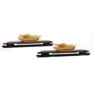 57' CONVERTED TOFC FLAT CAR ATCHISON, TOPEKA & SANTA FE WEATHERED 2-PACK W/ M1 ABRAMS TANK KIT #95005, #95011
